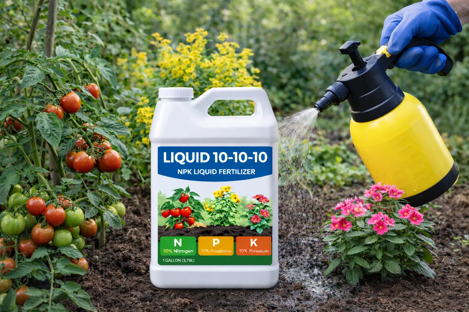 Liquid 10-10-10 (NPK Liquid Fertilizer)Work for Vegetable Garden, Flower, and Shrub Feeding
